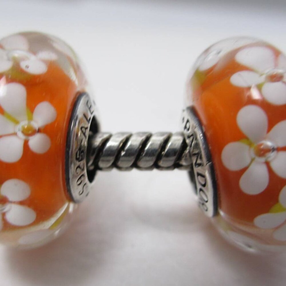 2 Field of Flower Orange Daisies Pandora Murano Glass Charm Fall Autumn Leaf